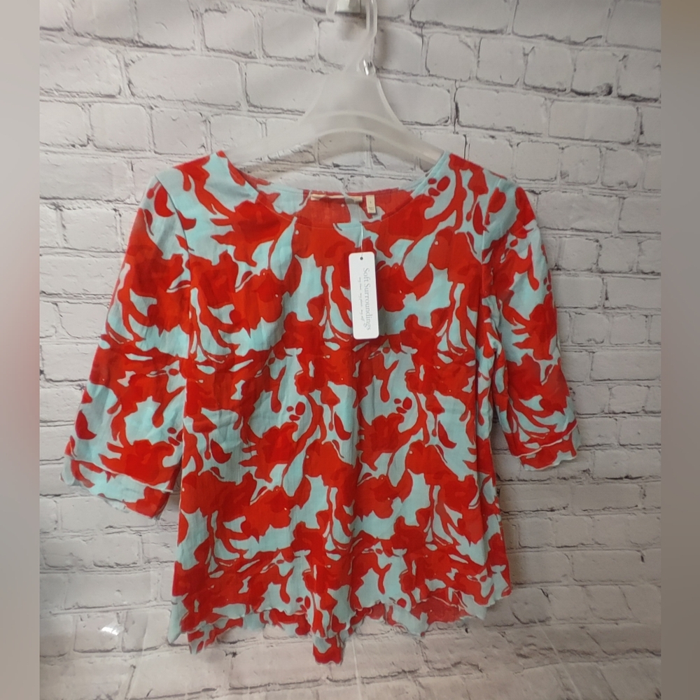 Soft Surroundings Coral Red and Aqua Floral Tunic